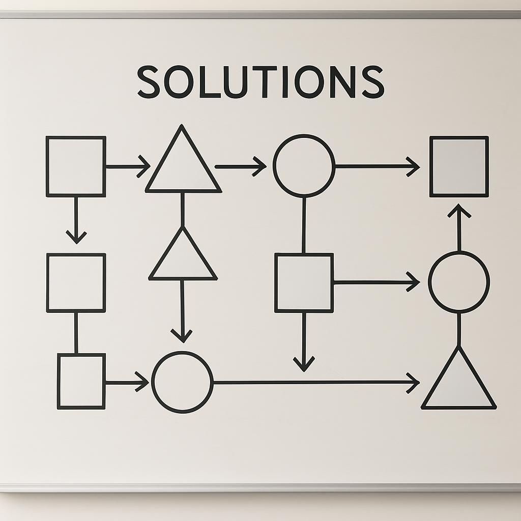 Solutions flowchart on whiteboard in black and white tones.