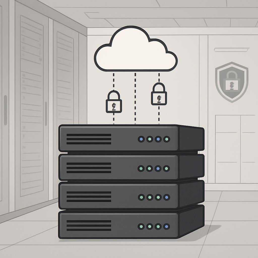 A computer server in what appears to be a data center or secure network environment, with three padlocked connections and ...