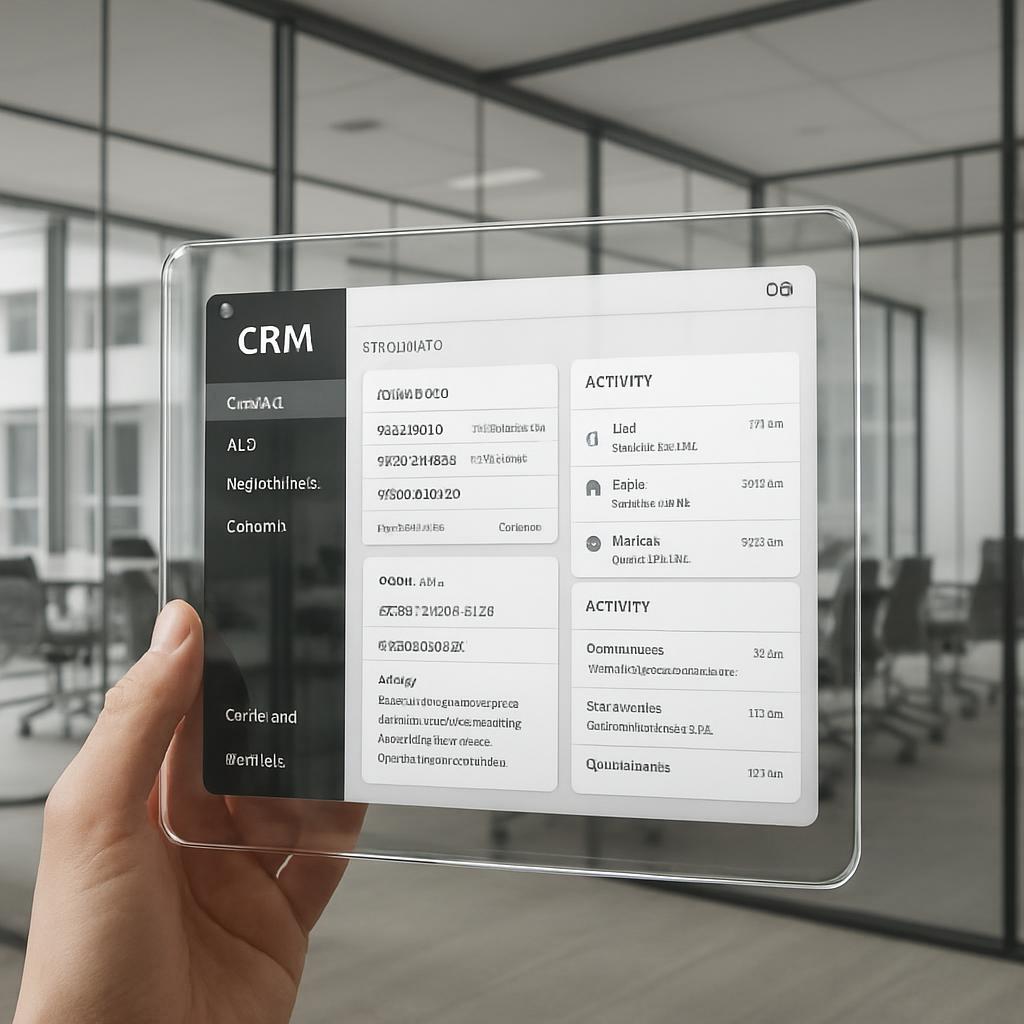 A hand holding a tablet with a CRM app open, in an office setting.